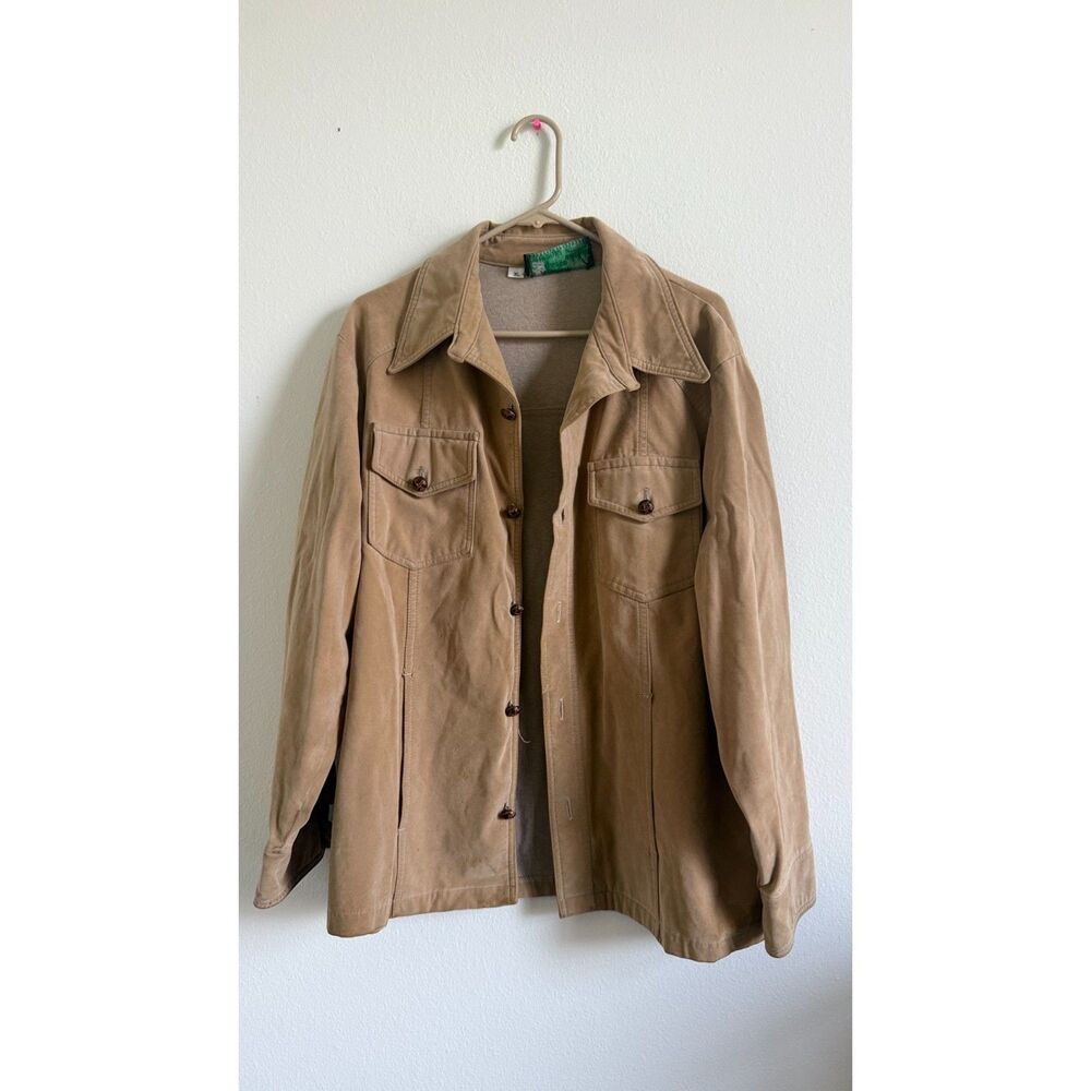 Vintage 70s English Squire XL Tan Safari Shirt Jacket Shacket Point Collarv
